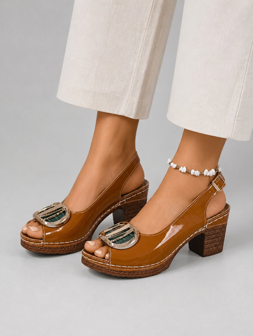 Women’s Comfort Strap Heels – Glossy Leather Look Style — studio view