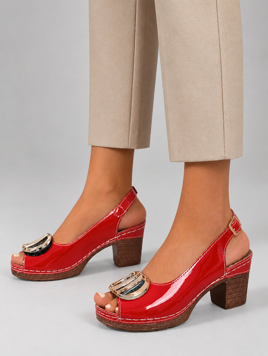 Women’s Comfort Strap Heels – Glossy Leather Look Style — studio view