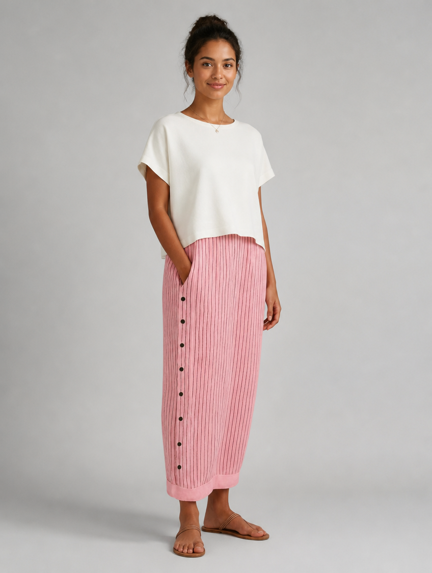 Women’s Striped Button Detail Trousers – Relaxed Fit