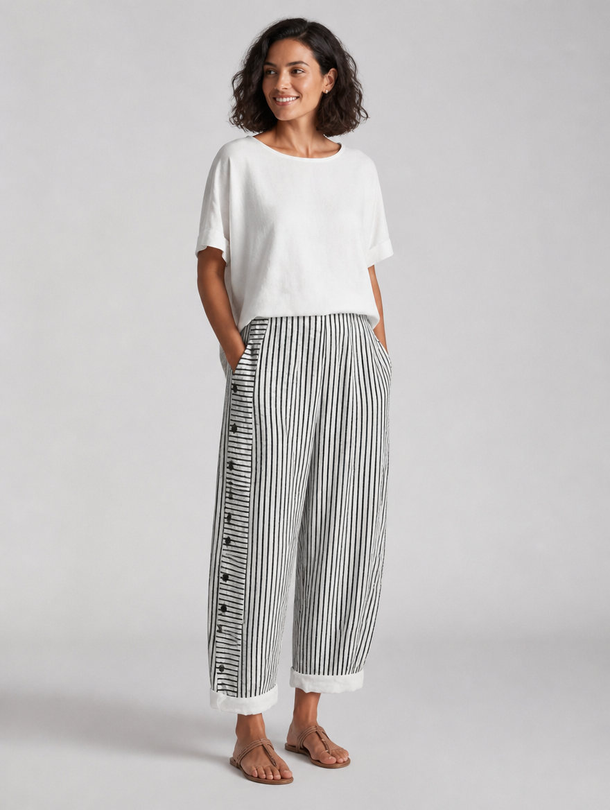 Women’s Striped Button Detail Trousers – Relaxed Fit