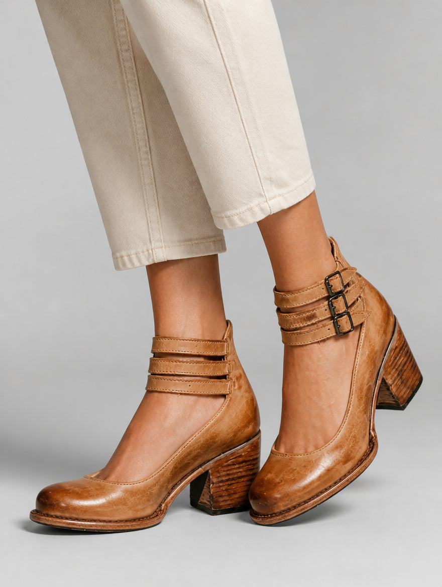 Women’s Cut Out Ankle Boots – Triple Buckle Block Heel Shoes