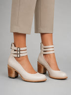 Women’s Cut Out Ankle Boots – Triple Buckle Block Heel Shoes