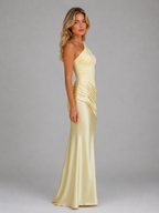 Women's One Shoulder Satin Feel Ruched Maxi Dress