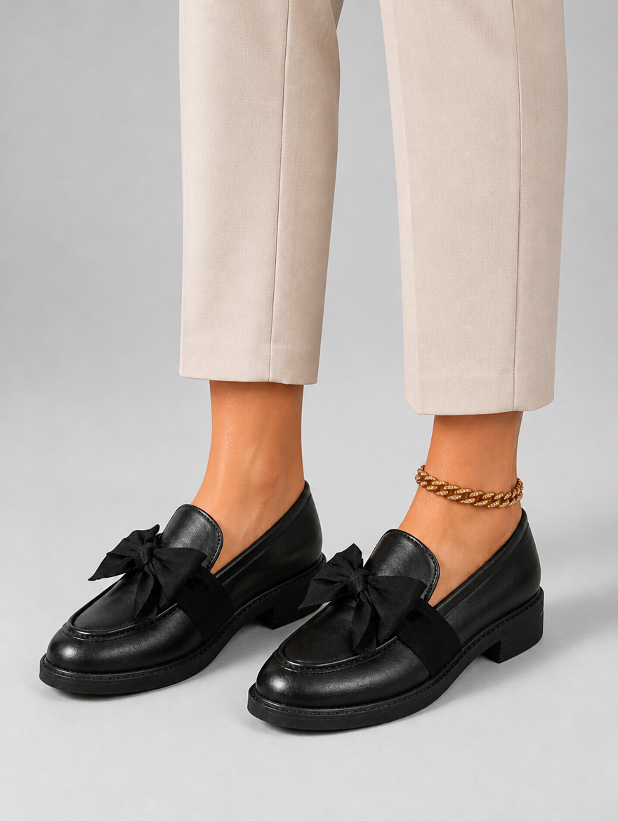 Women’s Leather Loafers – Bow Detail Classic Slip-On Shoes — studio view