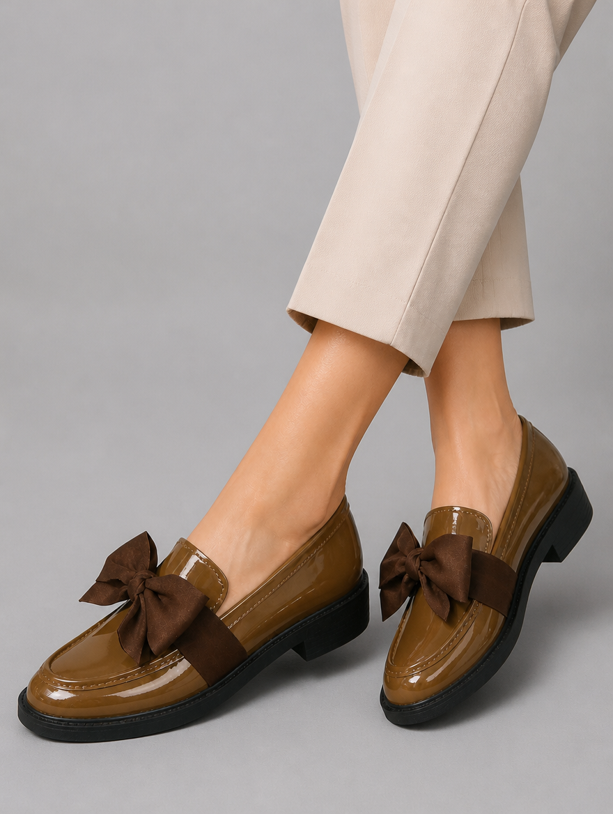 Women’s Leather Loafers – Bow Detail Classic Slip-On Shoes — studio view