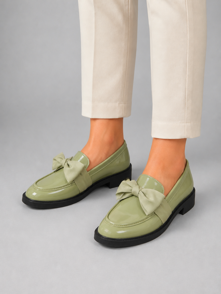 Women’s Leather Loafers – Bow Detail Classic Slip-On Shoes — studio view
