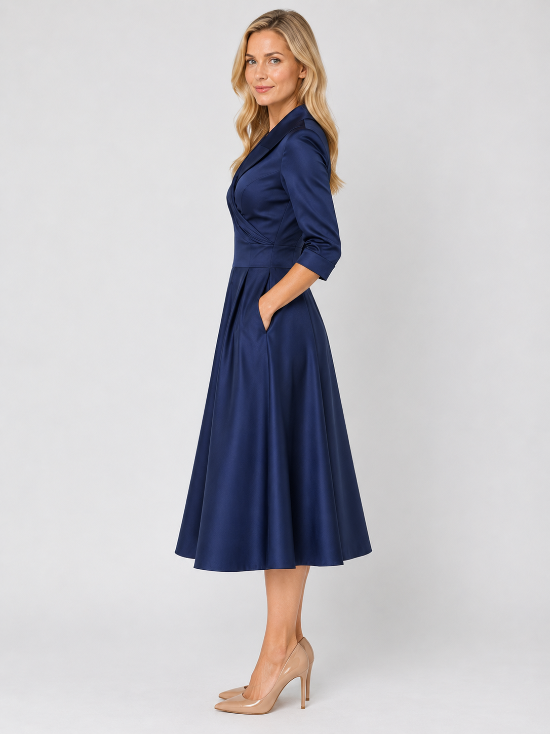 Women’s Satin Feel Wrap Midi Dress with Pockets
