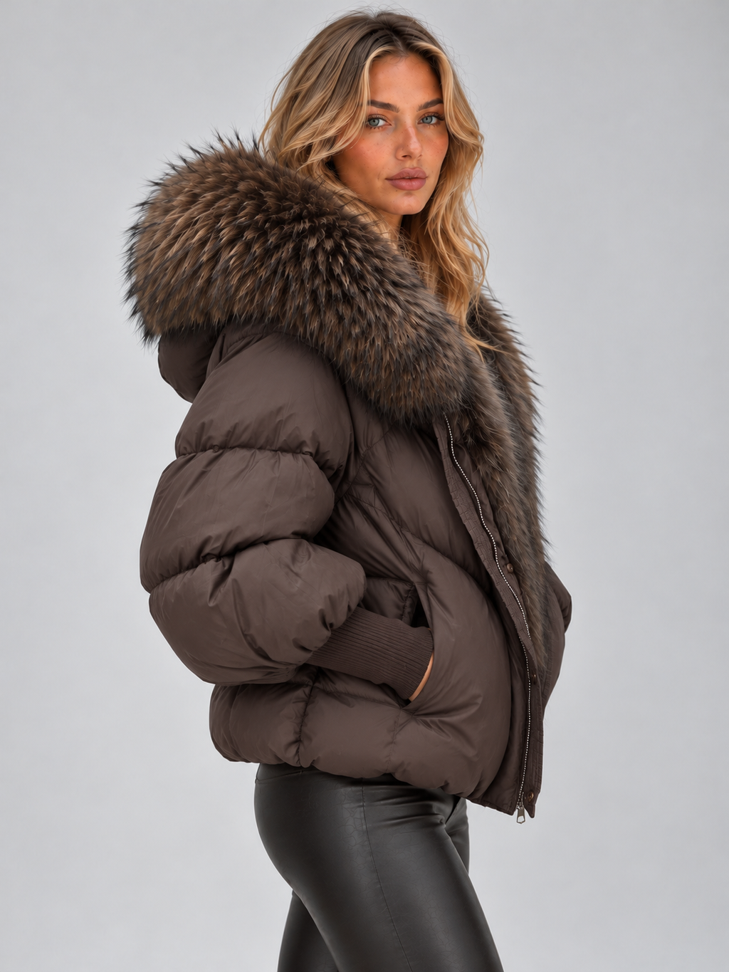 Women’s Faux Fur Hooded Puffer Jacket – Oversized Padded Winter Coat
