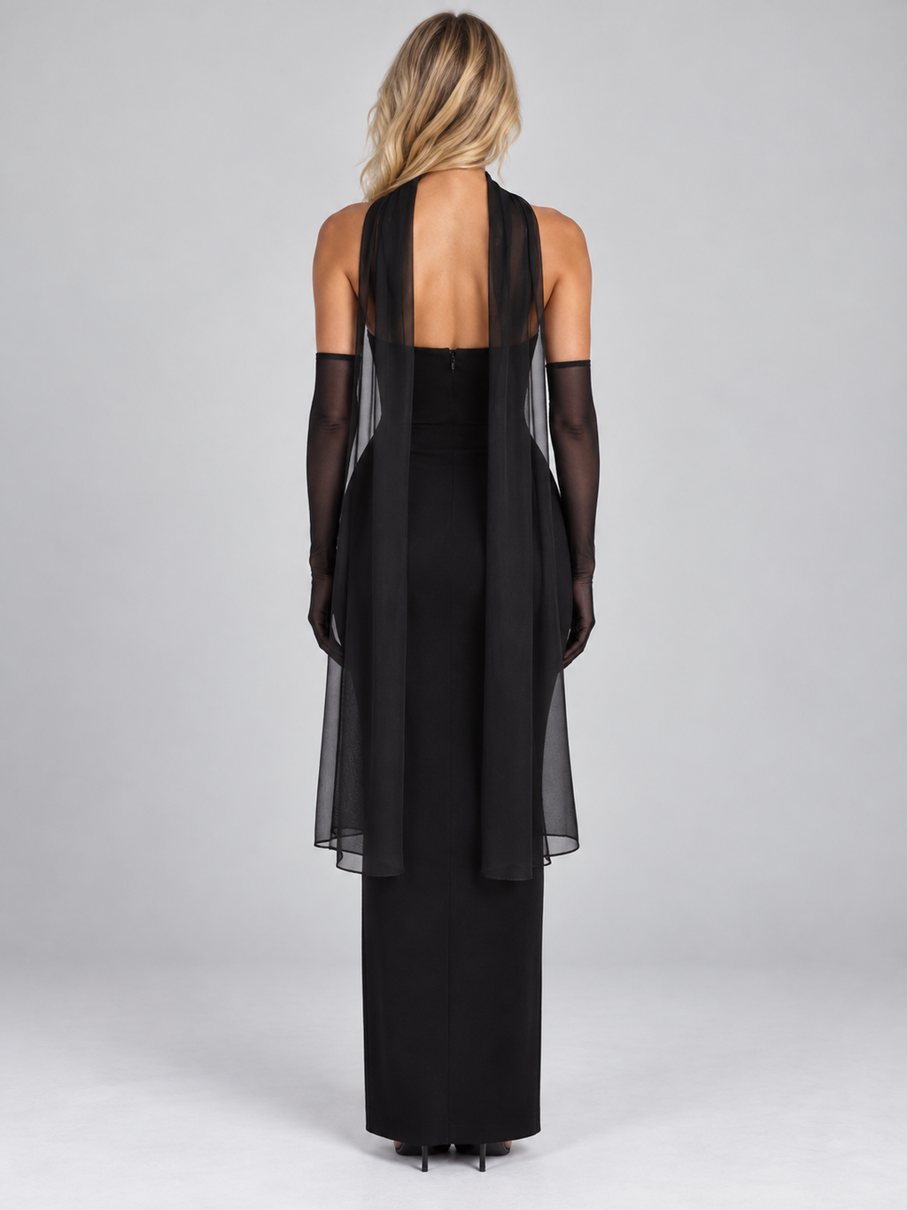 Women’s Strapless Maxi Dress – Sheer Gloves & Chiffon Scarf