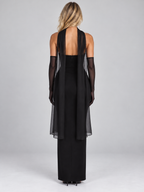 Women’s Strapless Maxi Dress – Sheer Gloves & Chiffon Scarf