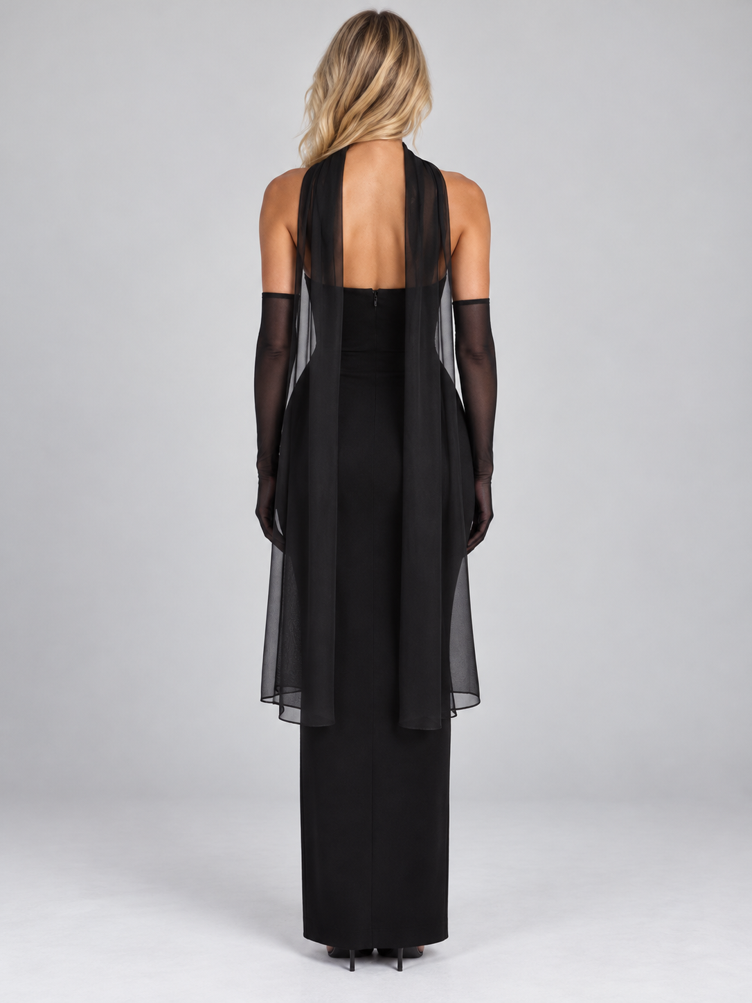 Women’s Strapless Maxi Dress – Sheer Gloves & Chiffon Scarf