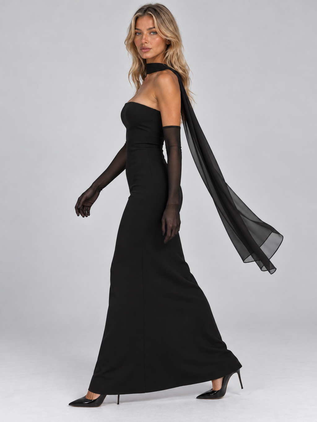 Women’s Strapless Maxi Dress – Sheer Gloves & Chiffon Scarf