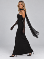 Women’s Strapless Maxi Dress – Sheer Gloves & Chiffon Scarf