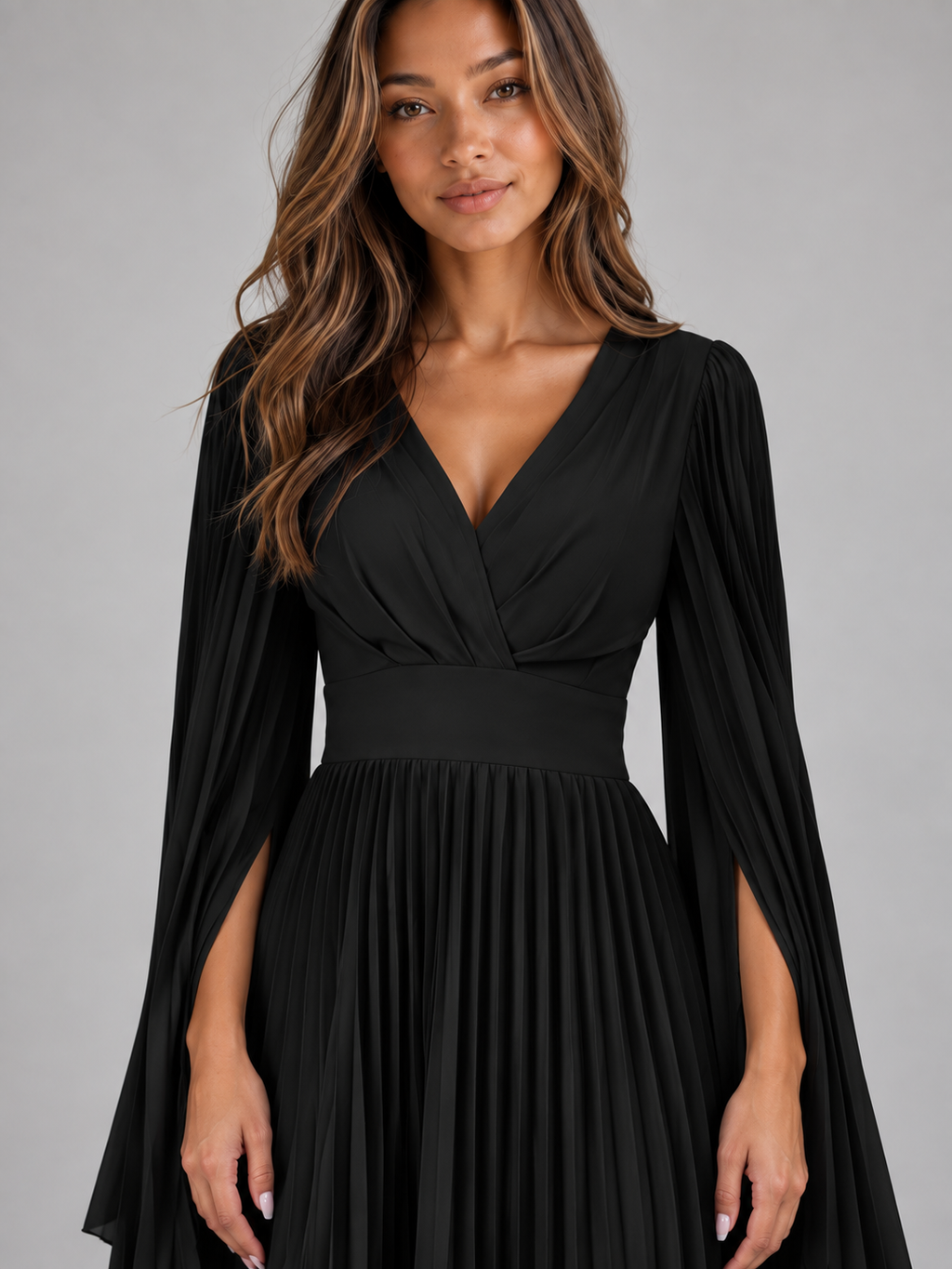 Women's Cape Sleeve Pleated Maxi Dress