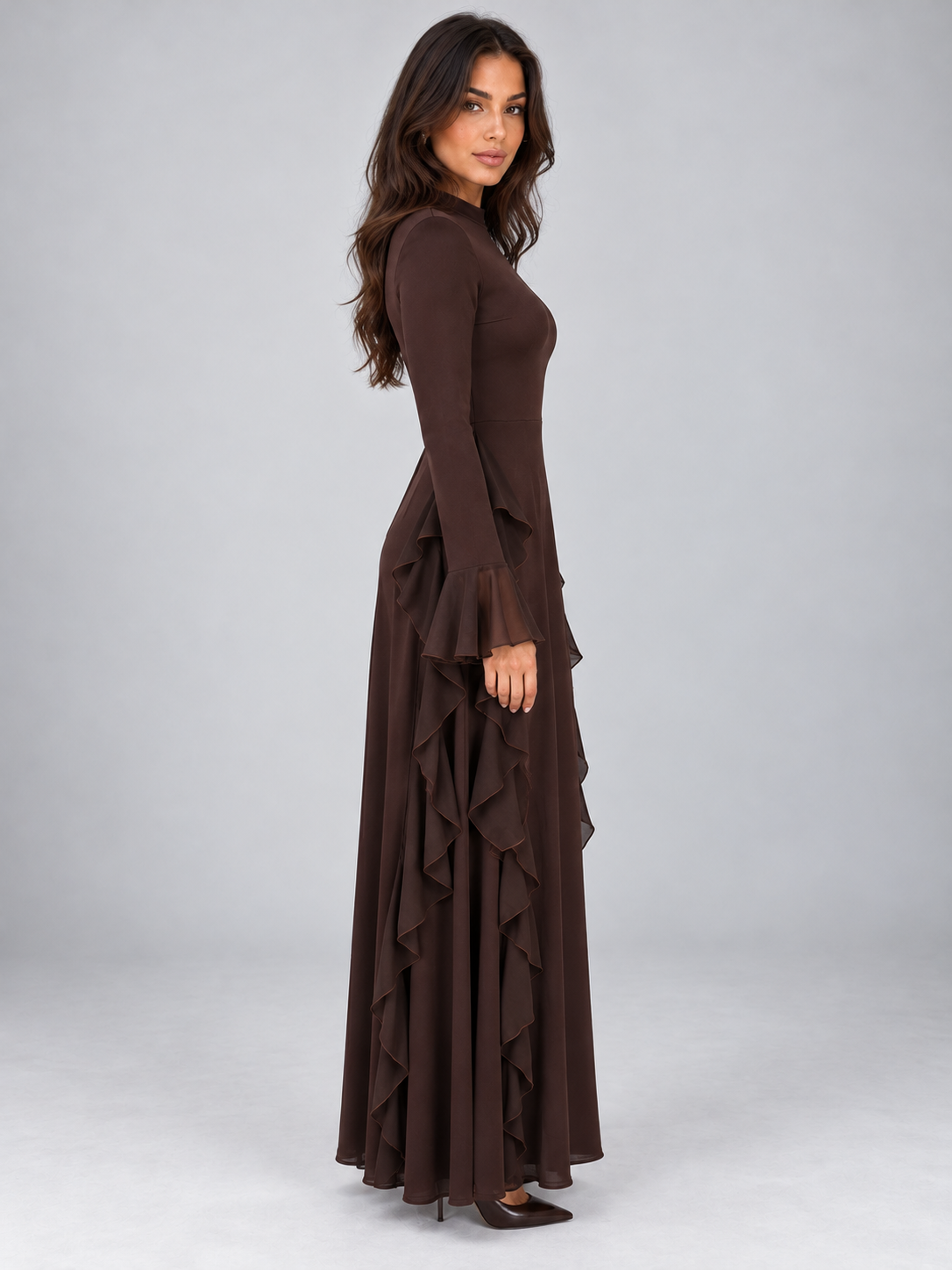 Women's High Neck Ruffle Maxi Dress