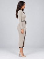 Women's Belted Ribbed Knit Midi Dress