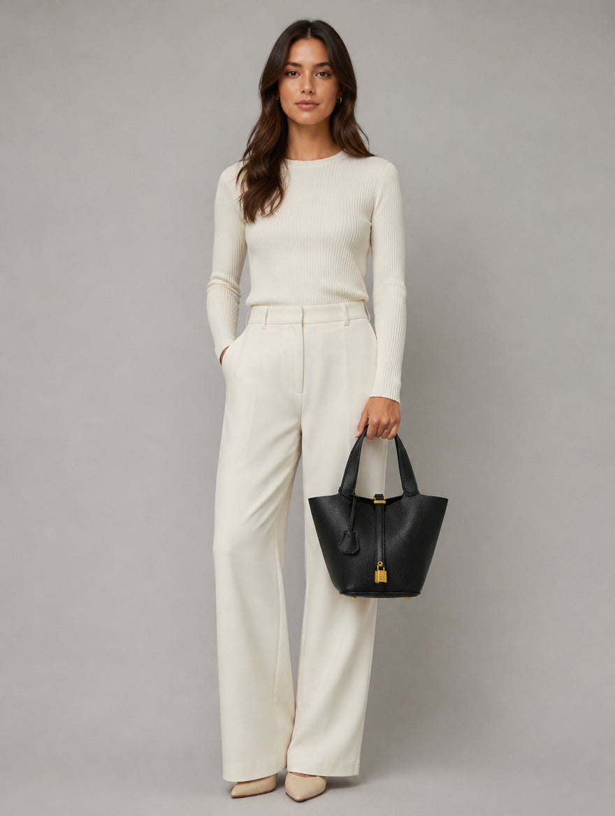 Women’s Leather Bucket Bag – Gold Details Classic Style
