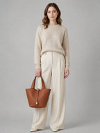 Women’s Leather-Look Bucket Bag – Gold Details Classic Style