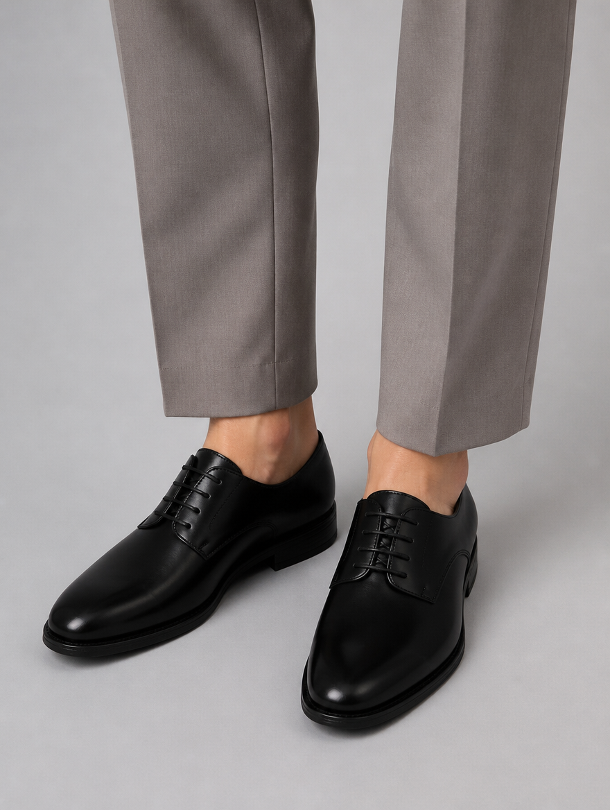 Men’s Black Patent Leather Derby Shoes – Formal Lace-Up Evening Dress Shoes — studio view