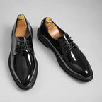 Men’s Black Patent Leather Derby Shoes – Formal Lace-Up Evening Dress Shoes — studio view