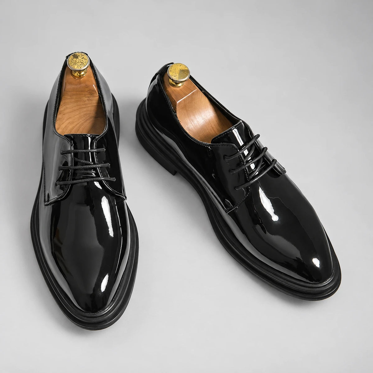 Men’s Black Patent Leather Derby Shoes – Formal Lace-Up Evening Dress Shoes — studio view