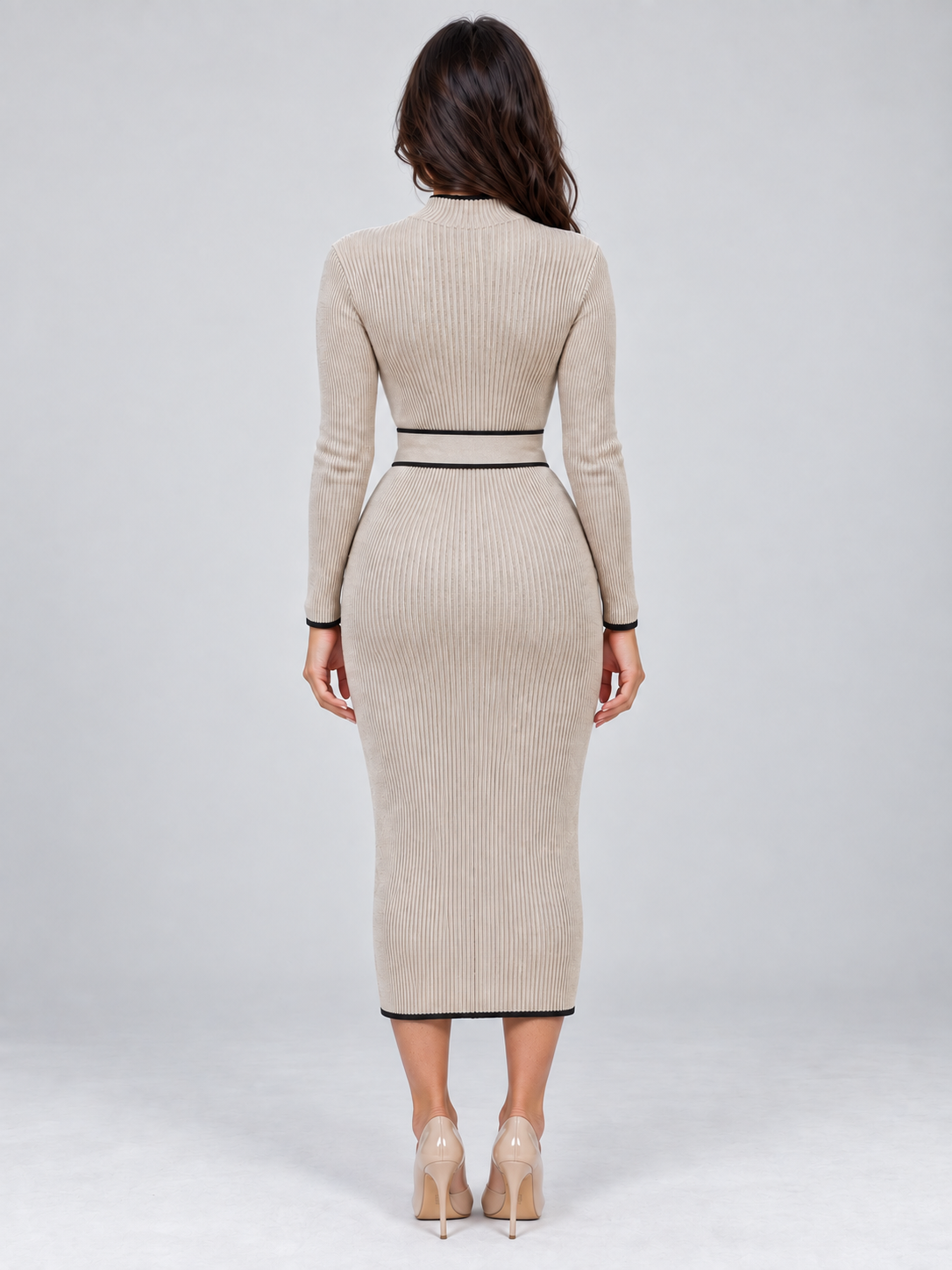 Women's Belted Ribbed Knit Midi Dress