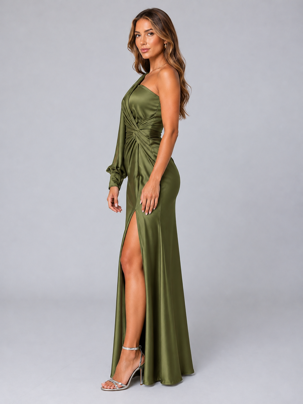 Women’s One-Shoulder Satin Feel Maxi Dress