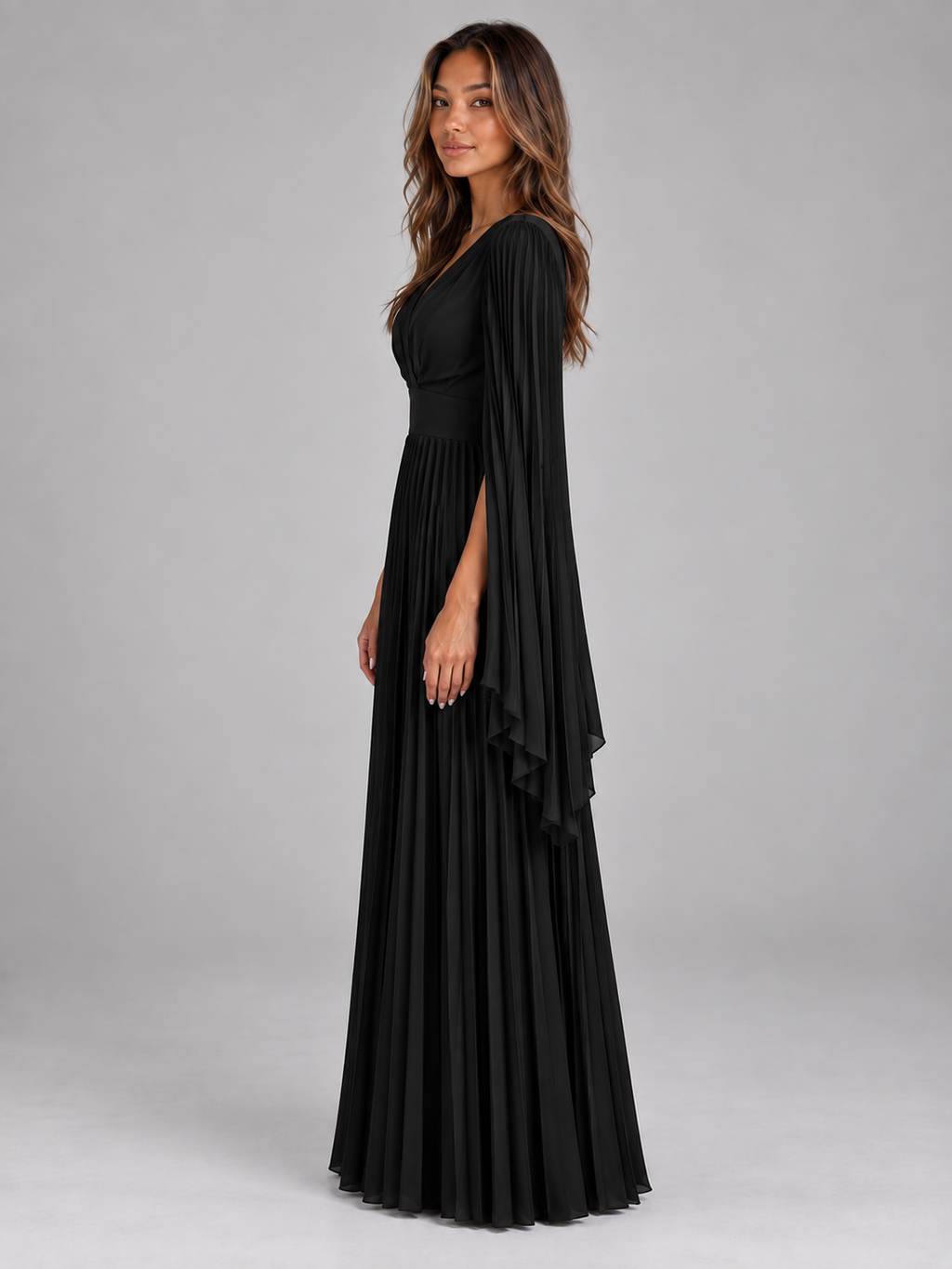 Women's Cape Sleeve Pleated Maxi Dress