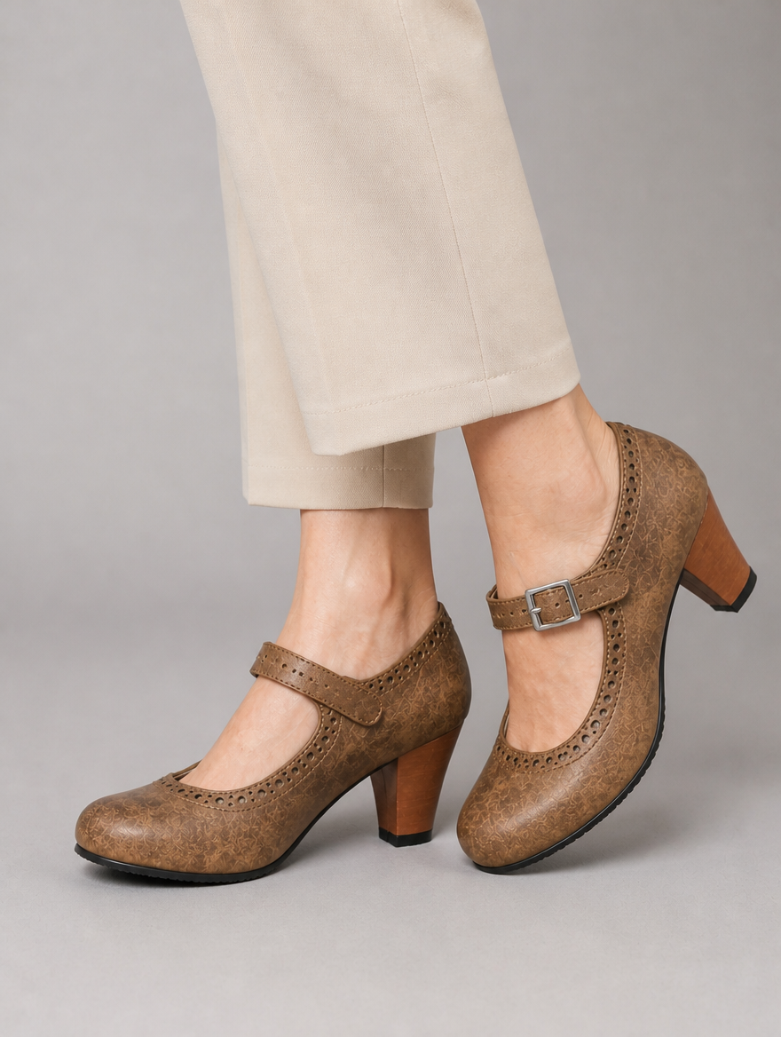 Women’s Block Heel Mary Jane Shoes – Classic Brogue Design — studio view