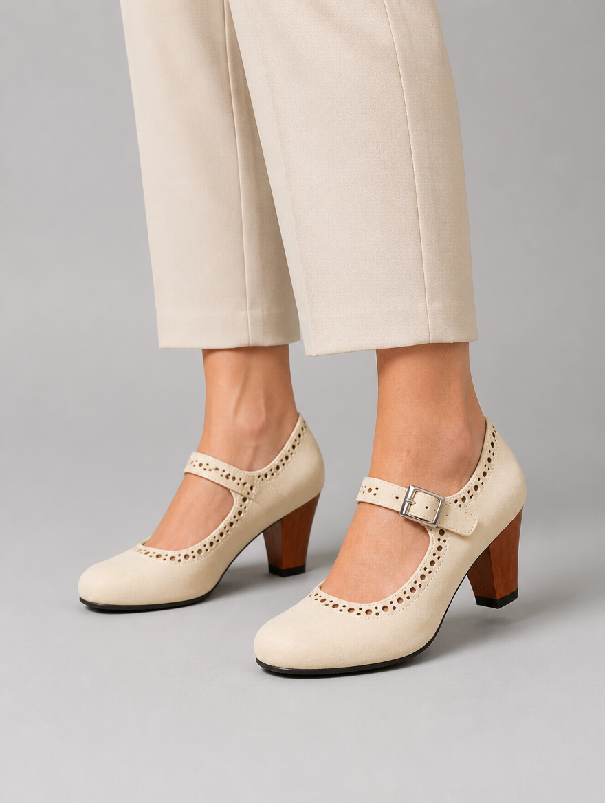 Women’s Block Heel Mary Jane Shoes – Classic Brogue Design — studio view