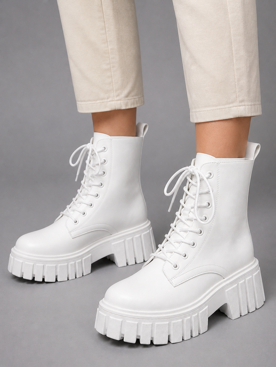 Women’s Chunky Leather Look Combat Boots – Lace-Up Platform Ankle Boots