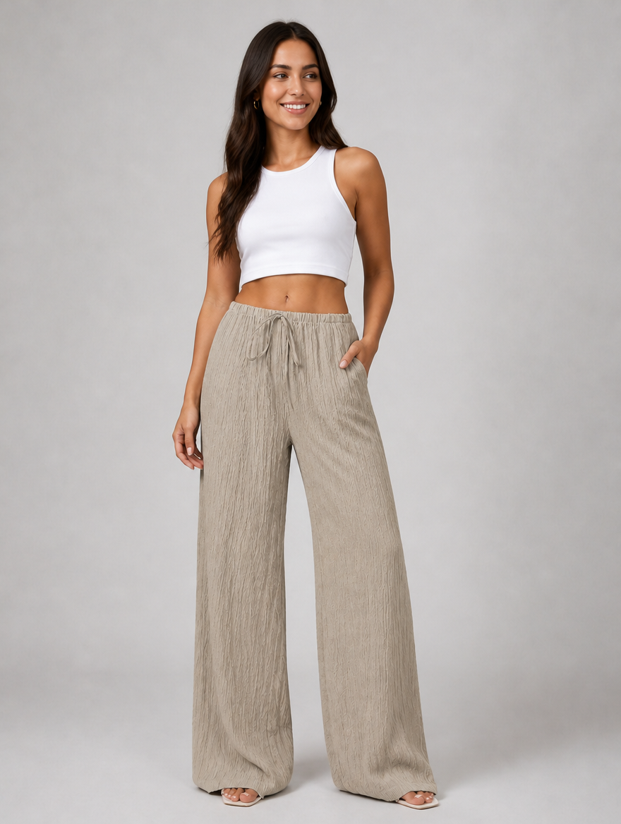 Women's Crinkle Wide Leg Trousers – Drawstring Waist