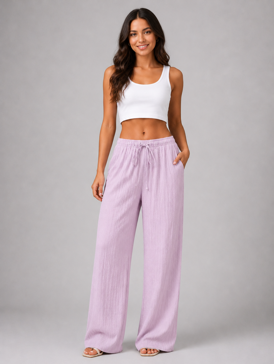 Women's Crinkle Wide Leg Trousers – Drawstring Waist