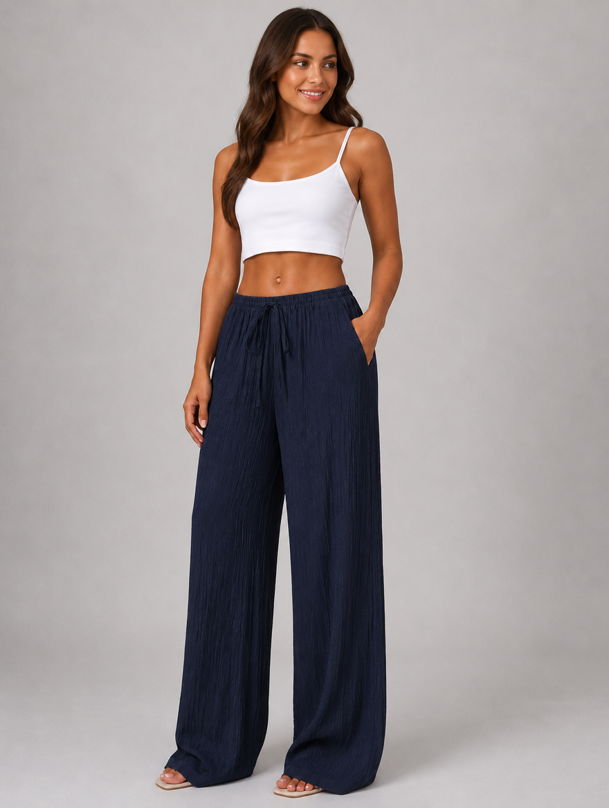 Women's Crinkle Wide Leg Trousers – Drawstring Waist