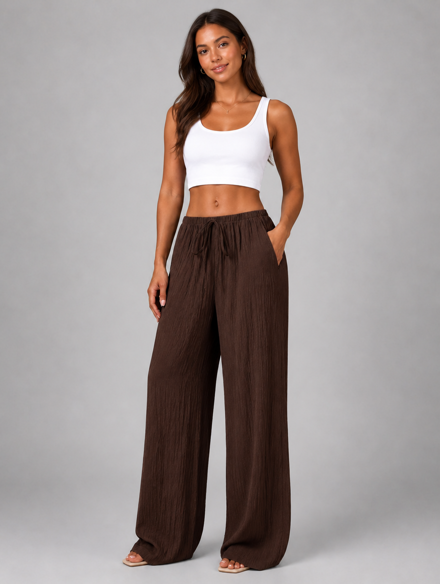 Women's Crinkle Wide Leg Trousers – Drawstring Waist