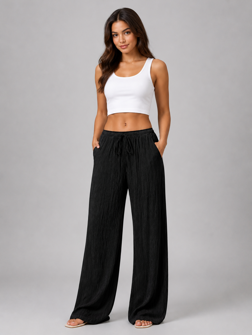 Women's Crinkle Wide Leg Trousers – Drawstring Waist
