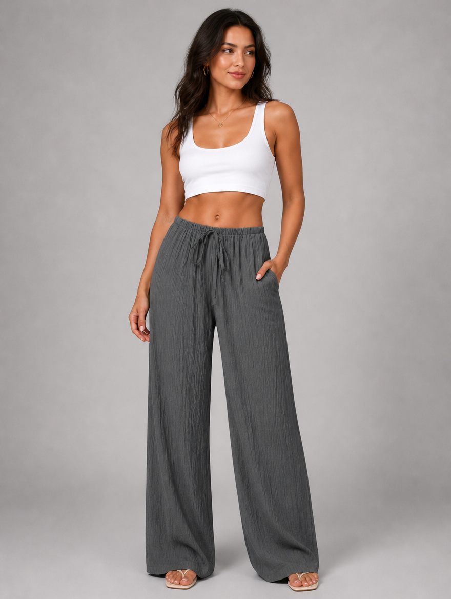 Women's Crinkle Wide Leg Trousers – Drawstring Waist
