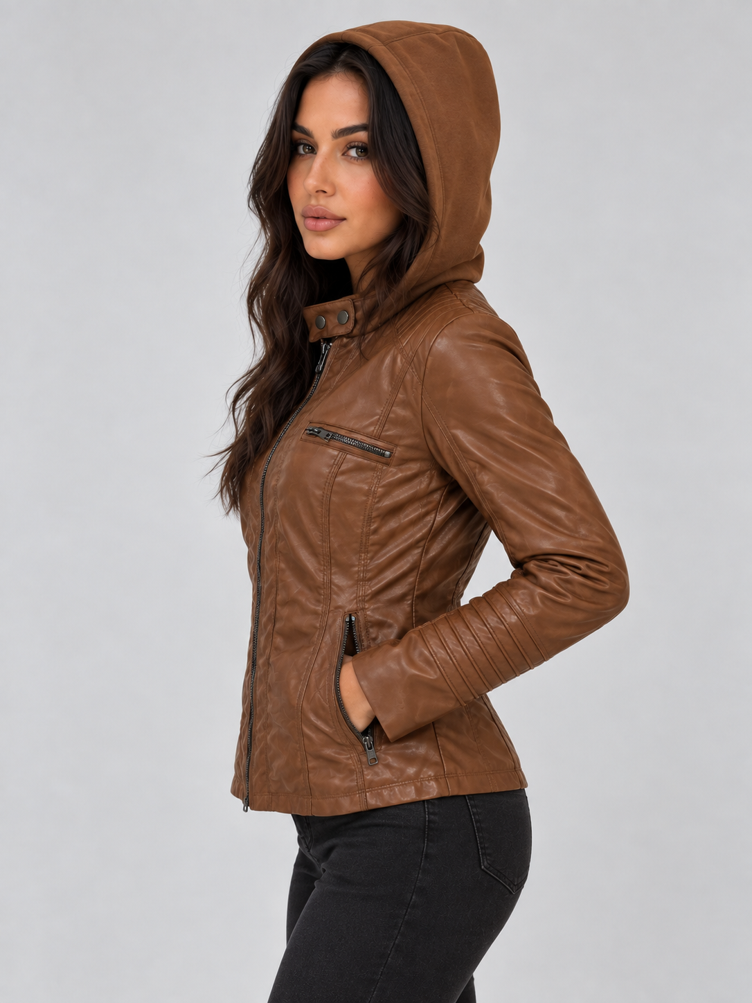 Women’s Hooded Leather-Look Biker Jacket
