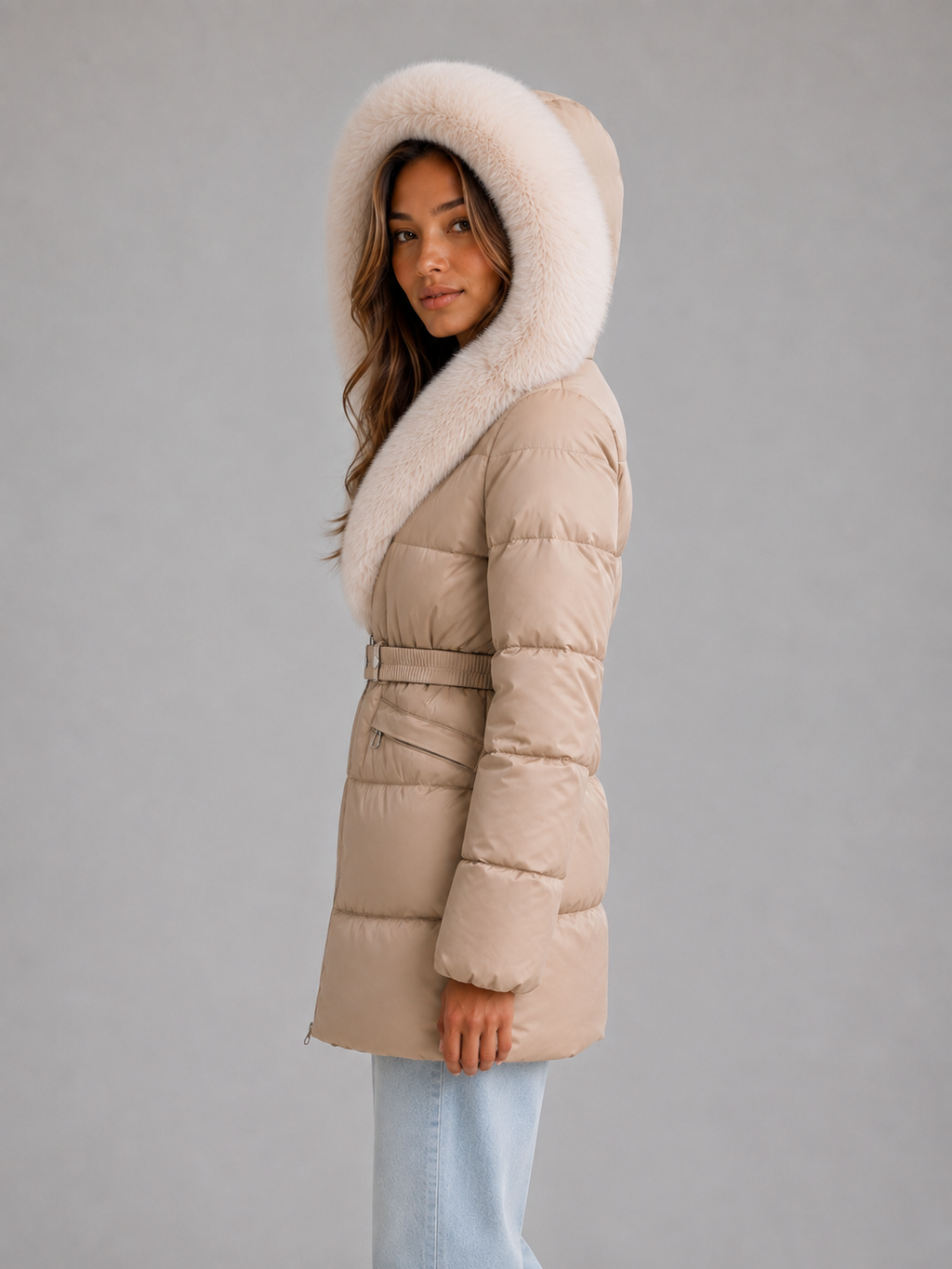 Women’s Faux Fur Belted Puffer Jacket