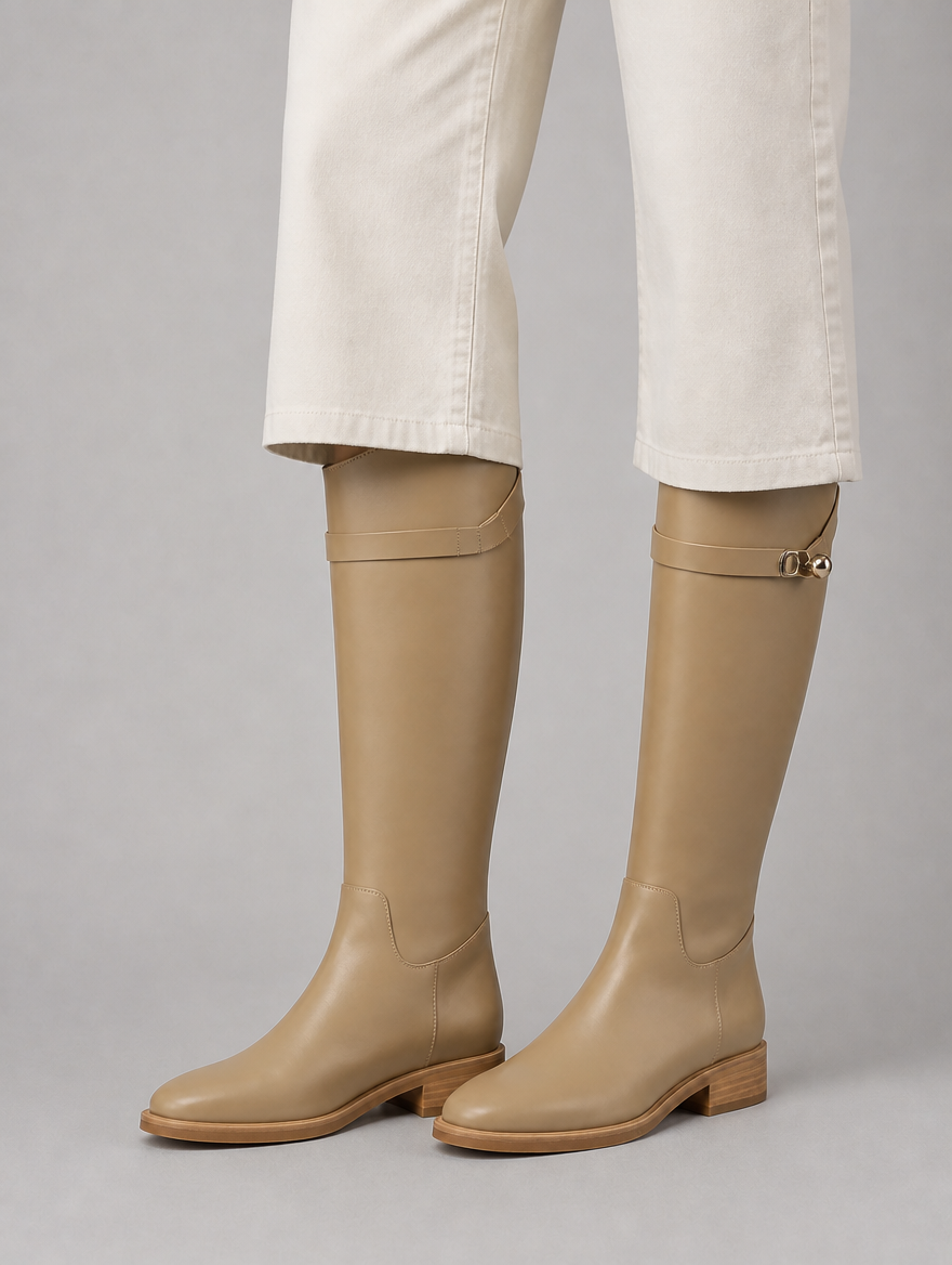 Women’s Knee High Leather Look Riding Boots – Buckle Detail Flat Boots