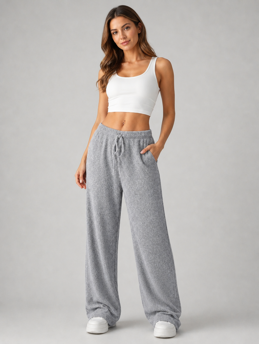 Women’s Knitted Wide Leg Trousers – High Waist Drawstring Pants
