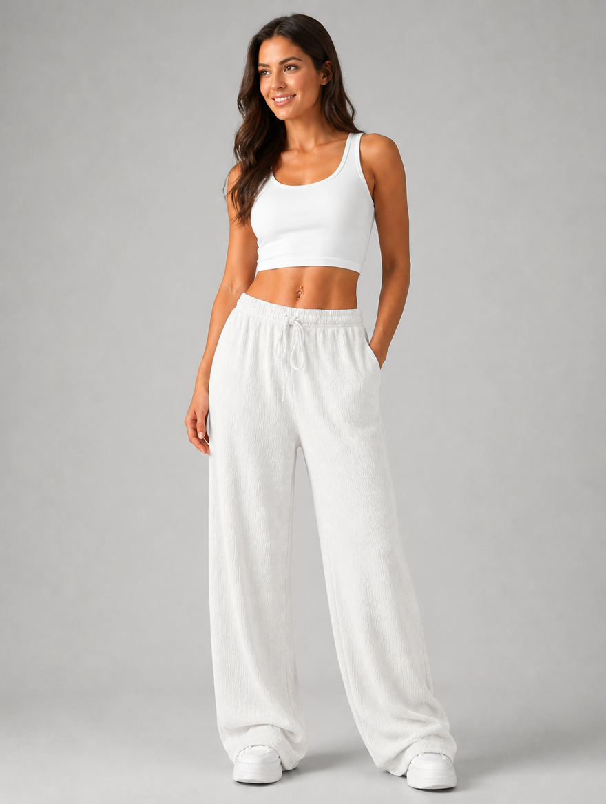 Women’s Knitted Wide Leg Trousers – High Waist Drawstring Pants
