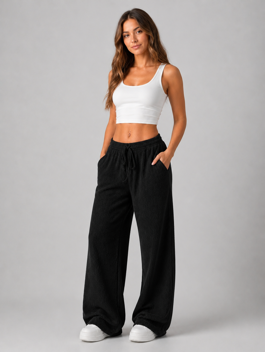 Women’s Knitted Wide Leg Trousers – High Waist Drawstring Pants