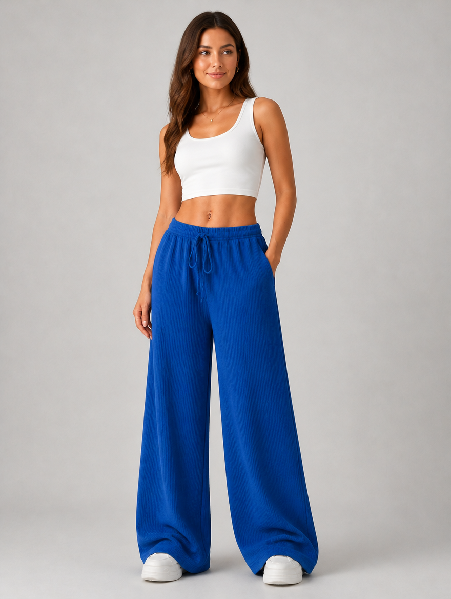 Women’s Knitted Wide Leg Trousers – High Waist Drawstring Pants