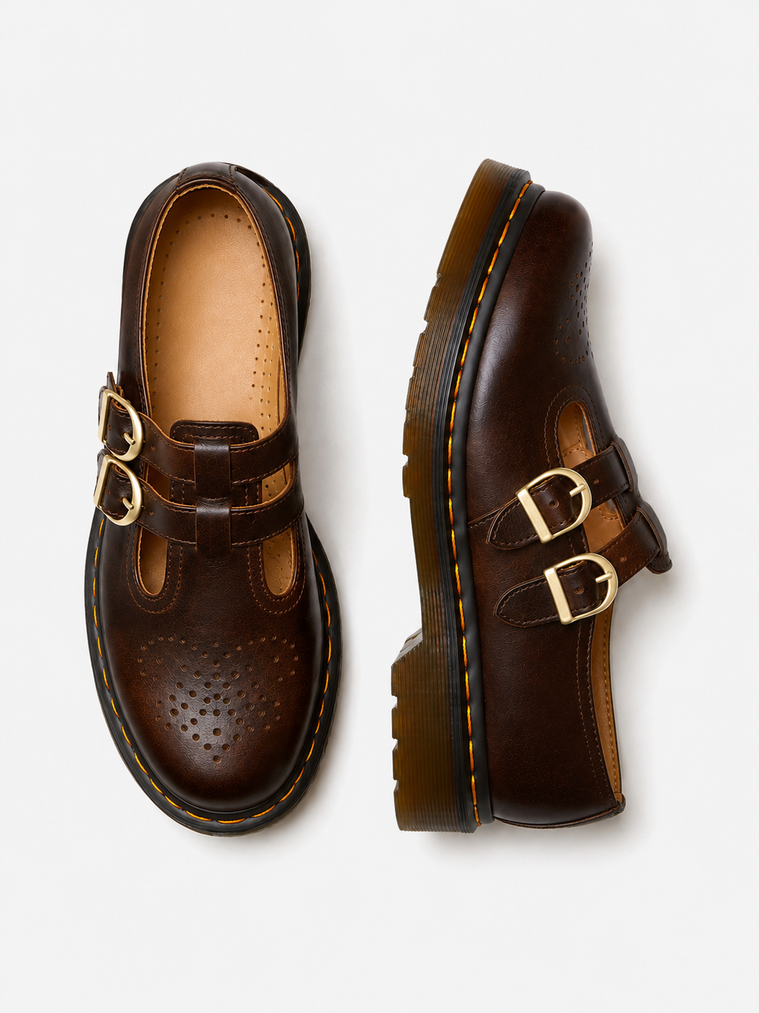 Women’s Leather-Look Mary Jane Shoes – Double Buckle Chunky Sole Flats