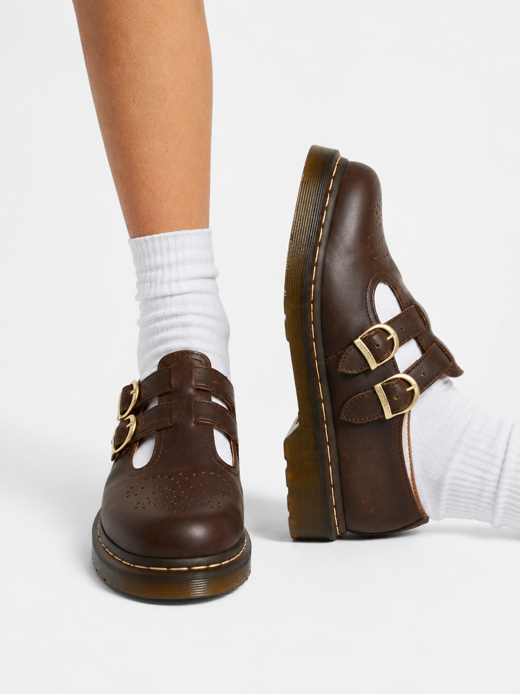 Women’s Leather-Look Mary Jane Shoes – Double Buckle Chunky Sole Flats