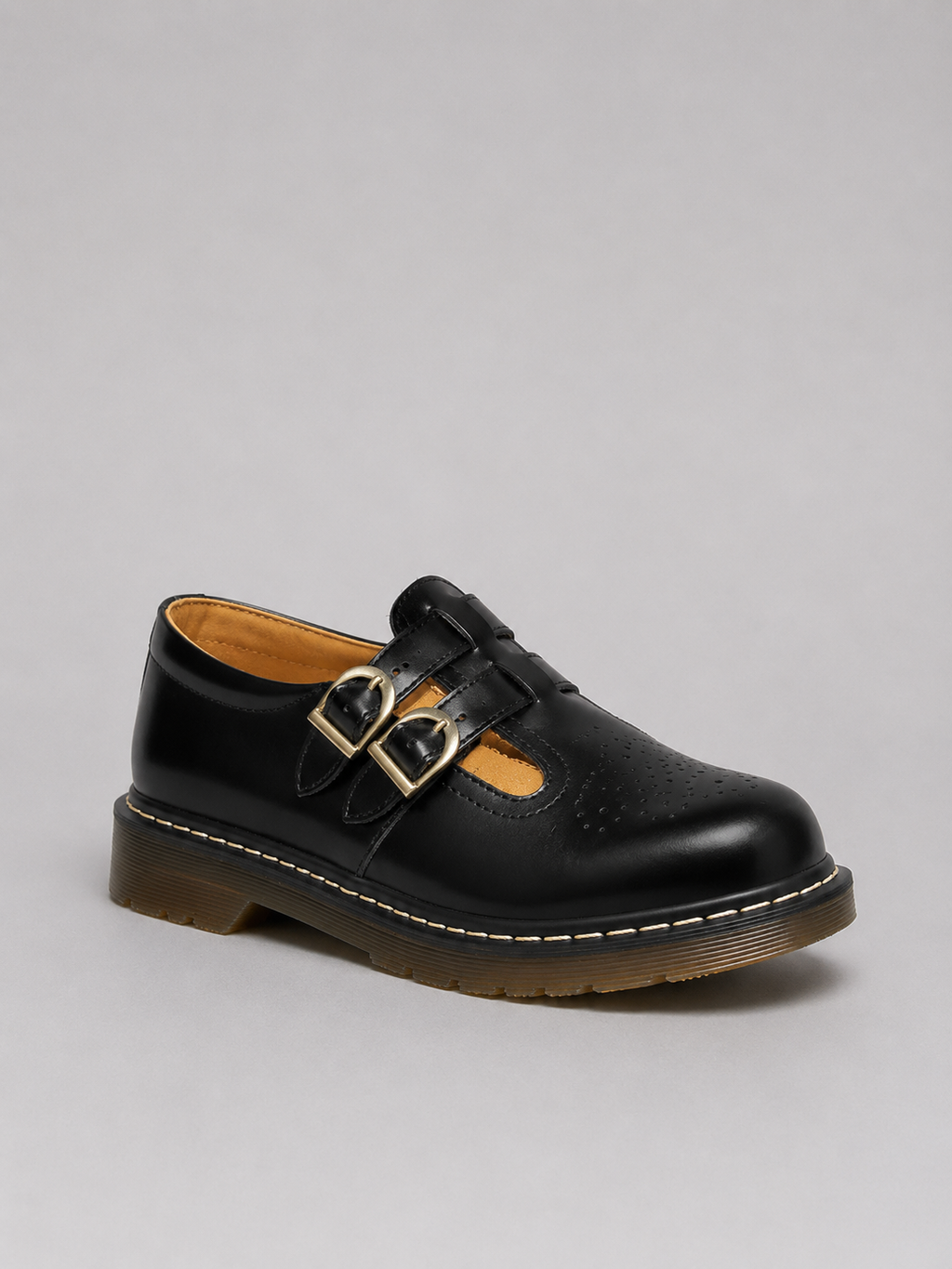 Women’s Leather-Look Mary Jane Shoes – Double Buckle Chunky Sole Flats