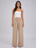 Women’s Linen Look Wide Leg Trousers – Smocked High Waist Summer Style