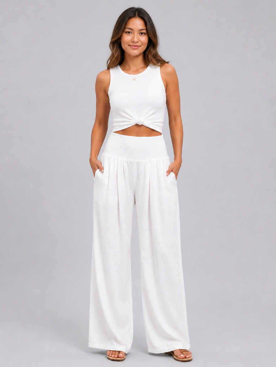 Women’s Linen Look Wide Leg Trousers – Smocked High Waist Summer Style