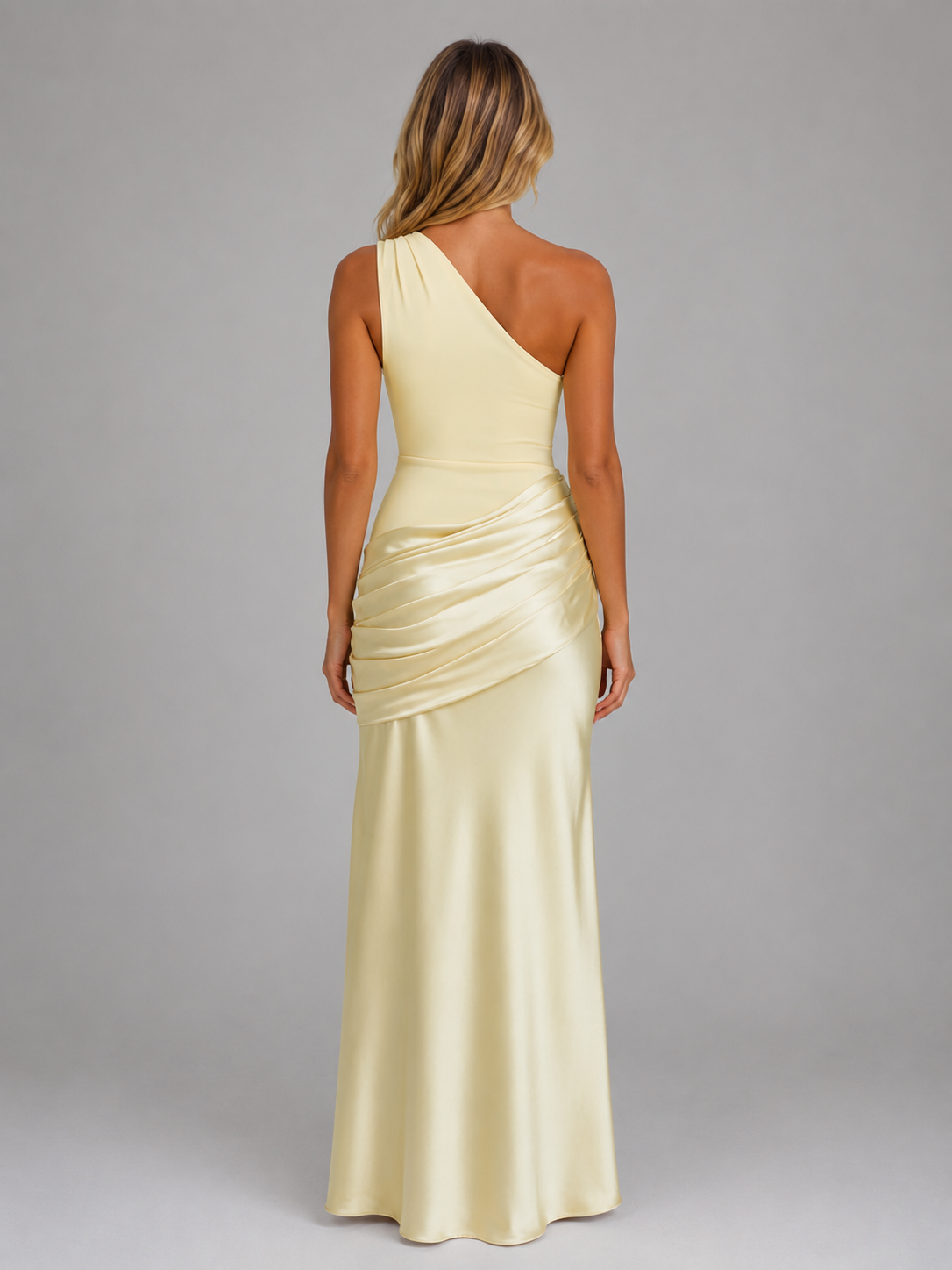 Women's One Shoulder Satin Feel Ruched Maxi Dress